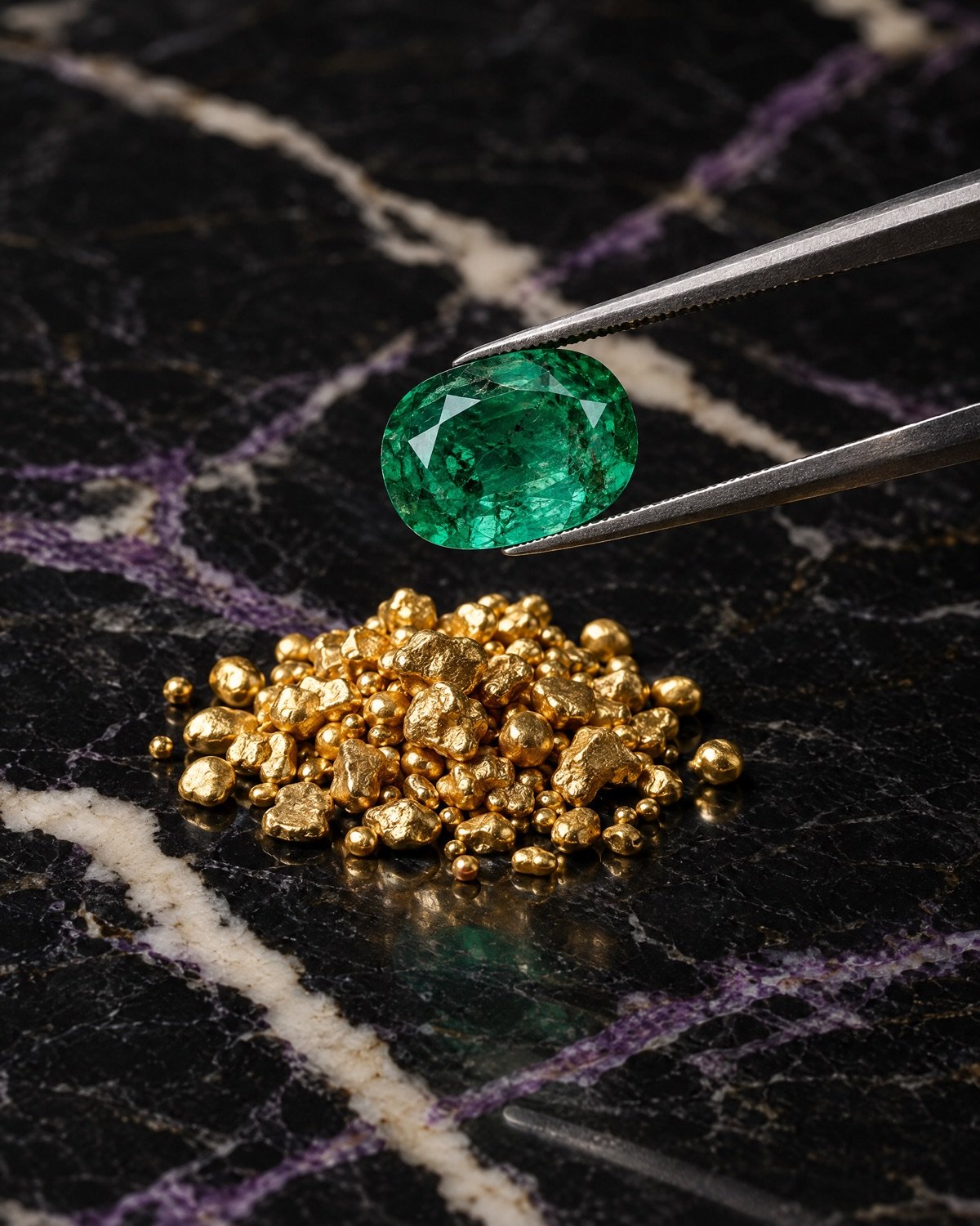 Pinzas sosteniendo una esmeralda sobre granalla de oro.