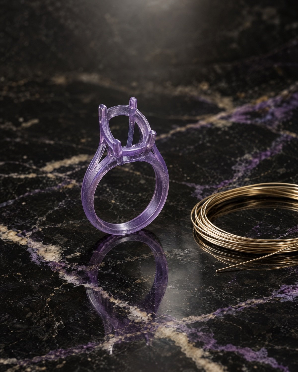 Prototipo de anillo impreso en 3D en resina violeta.